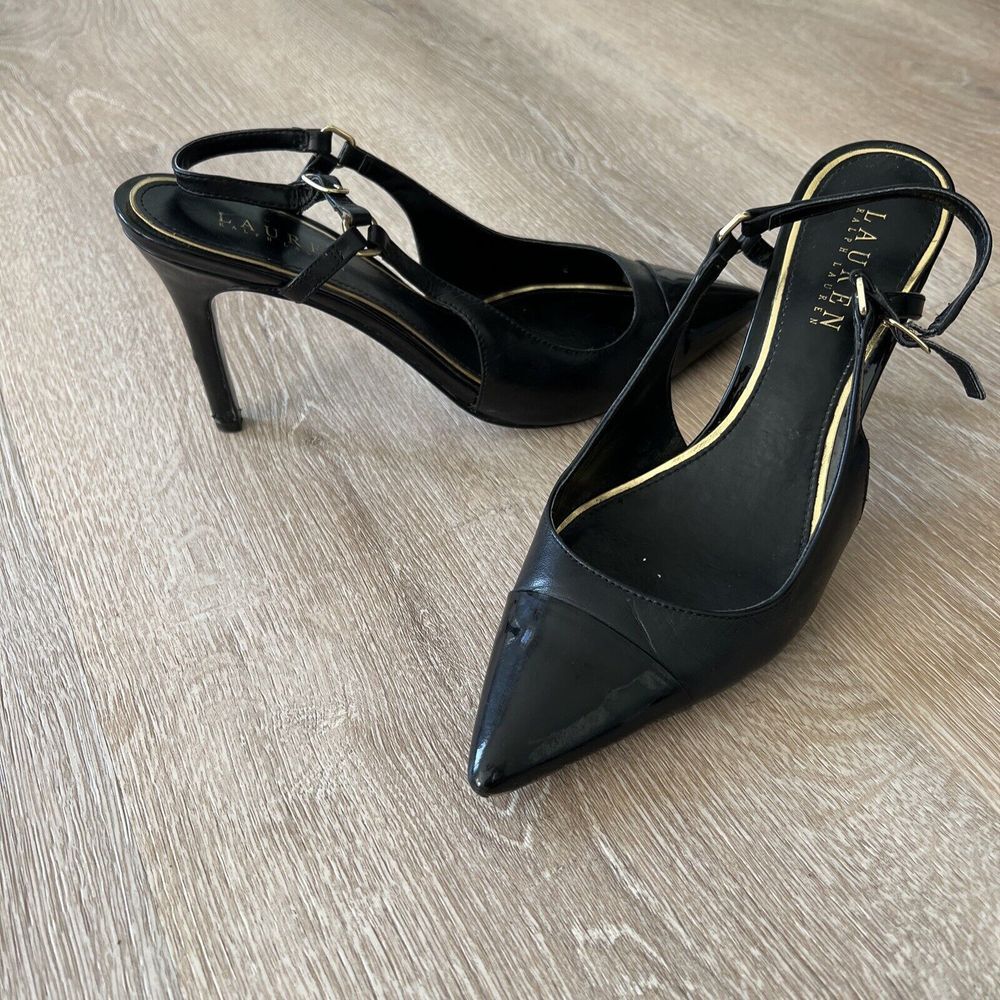 Lauren Ralph Lauren Black Slingback Heels Women's 9B Patent Pointed Toe